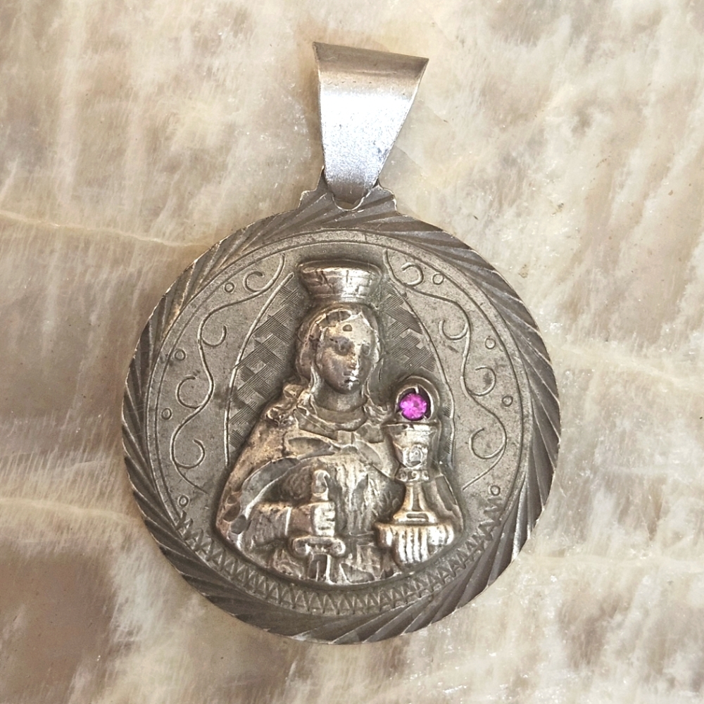 St Barbara Sterling Silver w/ Ruby Patron Saint of Artillerymen & Miners Pendant